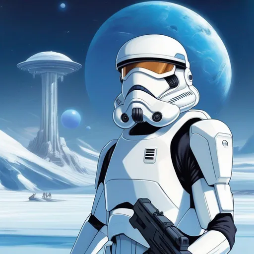 Prompt: A chiss alien stormtrooper from star wars. Star wars rpg, 2d art. 2d. rpg art. In background a ice planet.

