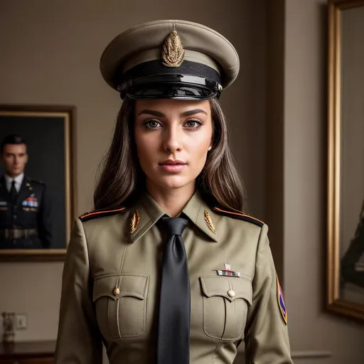 Prompt: Waist high Portrait of a beautiful Caucasian woman wearing classic military uniform with tie at a home,  perfect detailed face, detailed symmetric hazel eyes with circular iris, realistic, stunning realistic photograph, 3d render, octane render, intricately detailed, cinematic, trending on art station, Isometric, Centered hiper eallistic cover photo, awesome full color, hand drawn, dark, gritty, klimt, erte 64k, high definition, cinematic, neoprene, portrait featured on unsplash, stylized digital art, smooth, ultra high definition, 8k, unreal engine 5, ultra sharp focus, intricate artwork masterpiece, ominous, epic, trending on artstation, highly detailed, vibrant