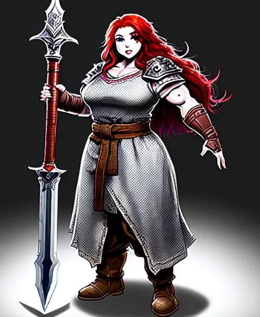 Prompt: Splash art of a very short female dwarven holy warrior with long red hair, with a plain face, with a muscular body, with very broad shoulders, wearing silver chainmail armor, wearing white linen robes, wearing a leather belt, wearing large leather boots, in an underground dwarven temple, holding a very long simple wooden polearm, the polearm has a large steel axe blade, the polearm is taller than the dwarf