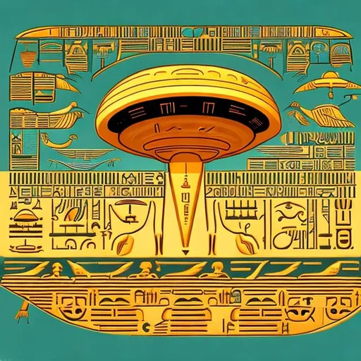 Prompt: UFO landing in the style of hieroglyphs.