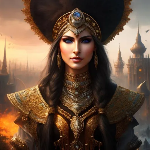 Prompt: UHD, hd , 8k,  oil painting, hyper realism, steampunk,  Very detailed, character zoomed out view, face is visible ,  black skin, orange artifactal eyes, great chest elf female warrior with white hair  , wears well decorated finely crafted armor, well decorated hat, shutgun,  background western village