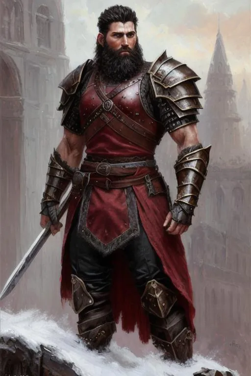 Prompt: oil painting, male warrior fantasy character, rugged looking, strong musculature, black, short hair and short beard, armor, crimson clothing. 