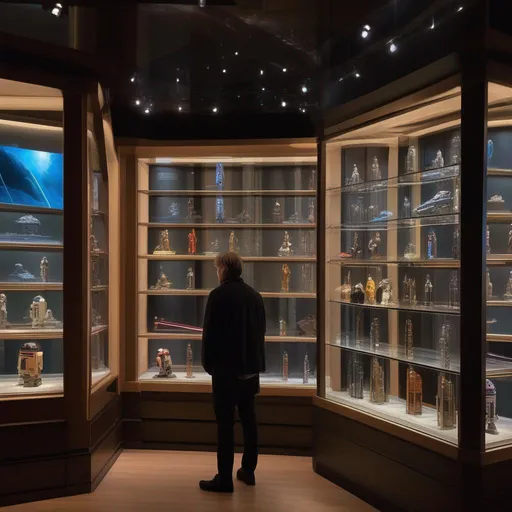 Prompt: ghibli movie character based off Mark Hamill looking at wall filled off lightsabers on a detailed display case in a museum, consistent lighting and mood throughout