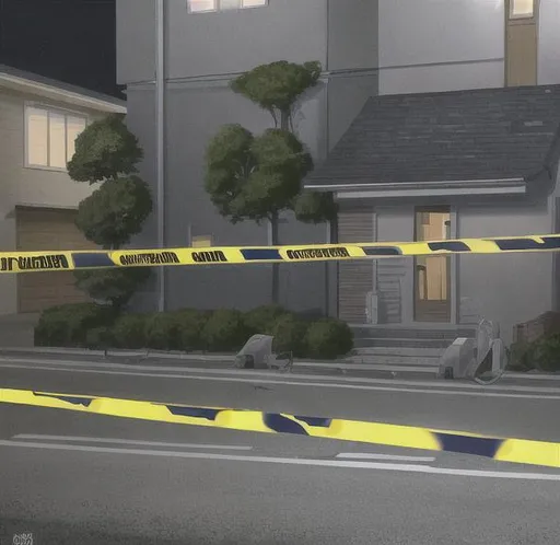 Prompt: The exterior of a house, at night, as a crime scene, surrounded by police tape and police cars.