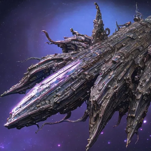 Prompt: Bio-Space ship of metallic flesh, crystal form, squid ship, symmetrical , in the style of farscape 