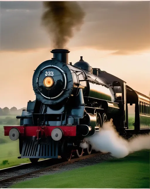 Prompt: At dusk, capture the nostalgia and excitement of a vintage steam Train as it chugs through the countryside. Use a retro film camera with a wide-angle lens to evoke the charm of yesteryears. Capture the sense of adventure and history in this timeless mode of travel.