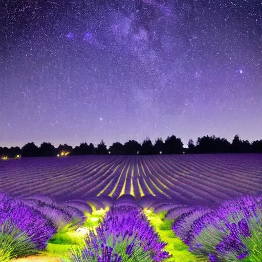 Prompt: night starry sky and lavender gardens

