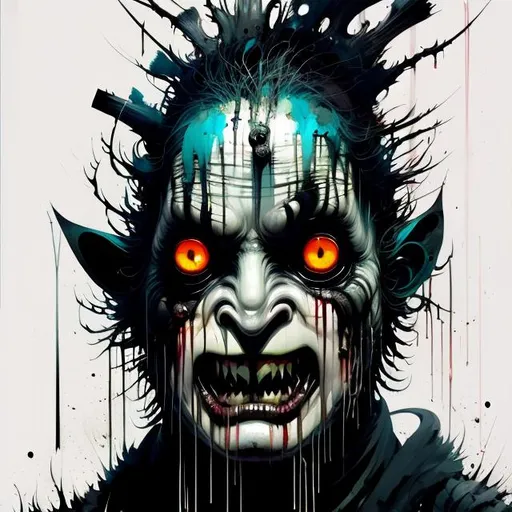 Prompt: "babadook", negative black and white Speedpaint with large brush strokes by , Junji Ito, Ismail Inceoglu, , Gazelli, M.W. Kaluta, richard anderson, paint splatter, white ink, a masterpiece, 8k resolution, trending on artstation, horror, terrifying, highly detailed and intricate