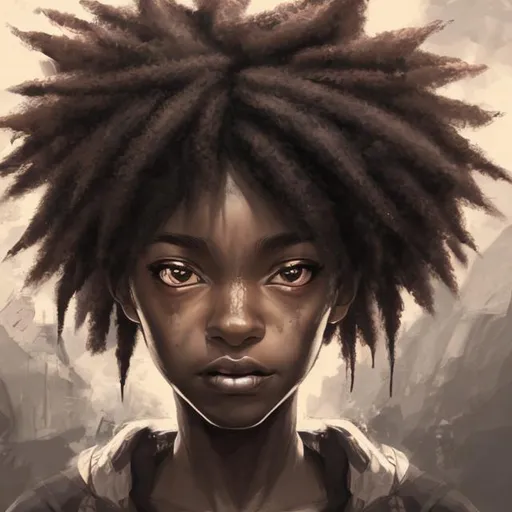 Prompt: portrait of a black woman, she has brown eyes, her expression is defiant, facing camera, concept art and anime style and photorealistic, symmetrical, themes of survival