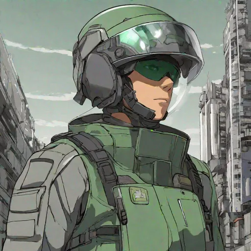 Prompt: Whole body. Full figure. A Venezualean male soldier in scifi 20th century combat uniform. He has an helmet with a scifi visor covering his face. Green-grey uniform. uniform with dark grey details. In background a scifi Spanish city. Anime art. Rpg. Anime style. Akira art. 2d art 2d. Well draw face. Detailed. 