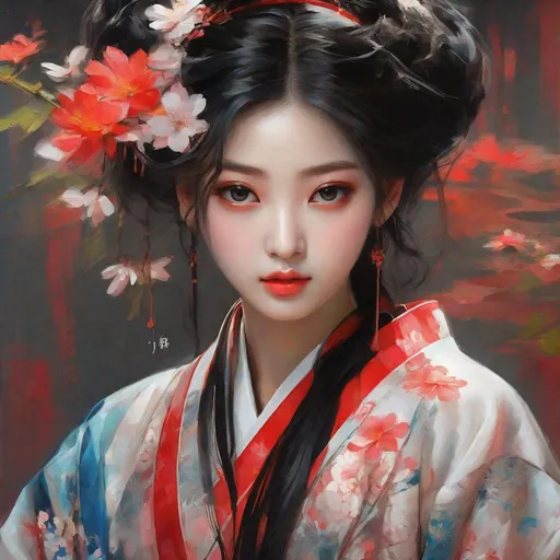 Prompt: {{{{highest quality stylized character masterpiece}}}} best award-winning digital oil painting with {{lifelike textures brush strokes}}, kimono, upper body image of surrealistic provocative_ arousing_ seductive_ stunning beautiful feminine 14 year old {{kpop}} anime like authentic girlfriend {{no makeup}} with {{wavy white hair bun}} and {{beautiful blue eyes}} wearing {{simple futuristic white kimono}} with deep exposed visible cleavage and tight beautiful belly pooch, full body, hyperrealistic intricate perfect 128k UHD HDR, wonderful extremely detailed cute face with romance glamour beauty soft skin and red blush cheeks and cute sadistic smile and {{seductive love gaze at camera}}, perfect anatomy in perfect colored shaded composition of professional sharp focus RAW photography with depth of field, cinematic volumetric dramatic 3d lighting, {{sexy}}, {{huge breast}}, physics-based rendering, masterpiece