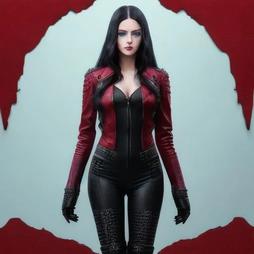 Prompt: young woman, long wavy black hair, light blue eyes, berry lipstick, red leather jacket, black body suit, black pants, knee-high black boots, 3D, fine-tuned, hyper-realistic, intricately detailed, detailed face, 16K, realistic, movie poster