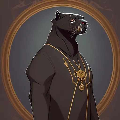 Prompt: full portrait anthropomorphic panther fursona, female, grey, tailed, fat, no whiskers, no mane, standing upright, wearing black robes with gold trim, airlock background