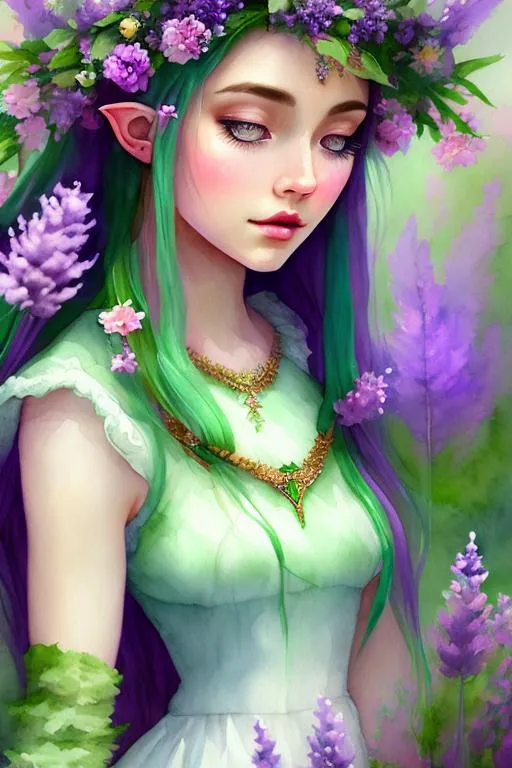 Prompt: 1girl, portrait, watercolor masterpiece,

realistic illustration of Female fantasy elf druid, in a vintage lavender and light mint green dress, green flowers in her purple hair, in a forest by the moonlight, symmetrical,

hyper realistic masterpiece, highly contrast water color pastel mix, sharp focus, digital painting, pastel mix art, digital art, clean art, professional, contrast color, contrast, colorful, rich deep color, studio lighting, dynamic light, deliberate, concept art, highly contrast light, strong back light, hyper detailed, super detailed, render, CGI winning award, hyper realistic, ultra realistic, UHD, HDR, 64K, RPG, inspired by wlop, UHD render, HDR render