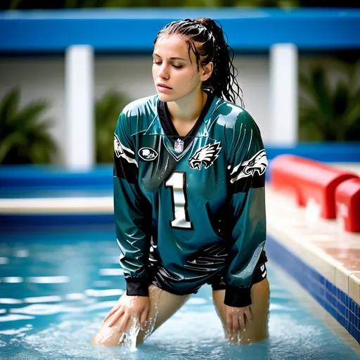 Prompt: photo of young woman, soaking wet clothes, cargo pants, eagles football jersey,  , in a pool,   enjoying, water dripping from clothes, clothes stuck to body,  detailed textures of the wet fabric, wet face, wet plastered hair,  wet, drenched, professional, high-quality details, full body view.