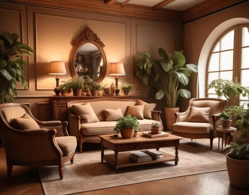 Prompt: (vintage style), living room setting, warm wooden furniture, (cozy ambiance), comfortable chairs, soft lighting, inviting atmosphere, delicate textures, potted plants in the background, warm earth tones, elegant decor elements, detailed furnishings, ultra-detailed, HD.