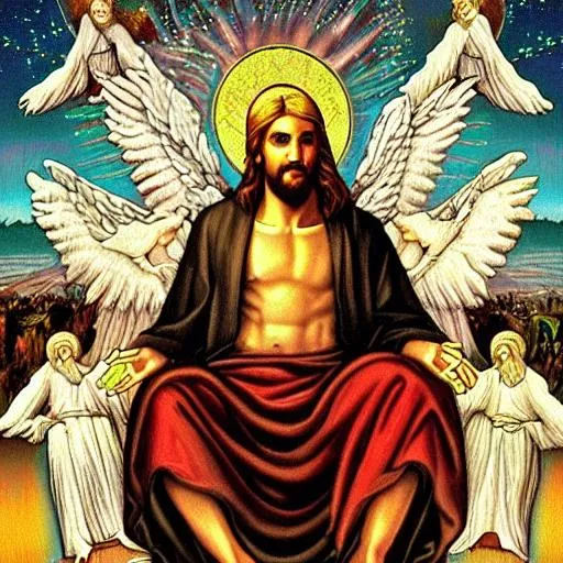 Prompt: Jesus Christ sitting hyper maximized over detail ai version on thrown in heavenly realms next to god the father with angels psychedelic 