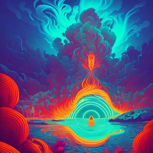 Prompt: Hypnotic illustration of Hawaii on fire, hypnotic psychedelic art, pop surrealism, dark glow neon paint, mystical, Behance 