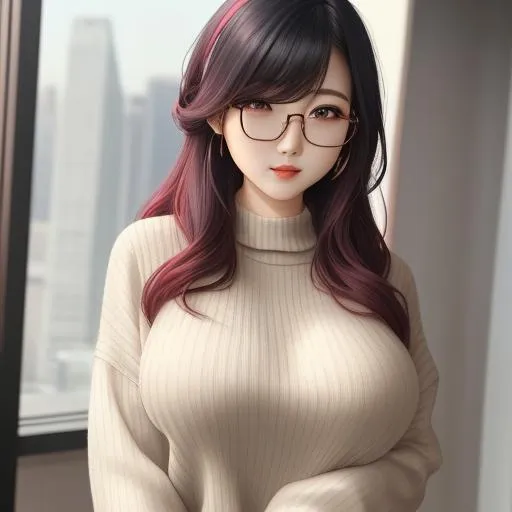 Prompt: ombre hair, korean, long hair, bangs  covering one eye, solo, pale skin, busty, mole under eye, mole on {{breast}}, glasses, sweater dress, fullbody, XXXXXX hair accessory, ((full body)) {{good looking}} {{cute}} {{good body}} {{tight}}, symmetrically colored hair, {{shadows}},
