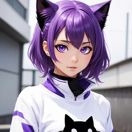 Prompt: purple hair,cat girl,sweat shirt(black, with a purple line,crop top), collar, cute, fang, purple eyes, purple tail, Nekomata Okayu