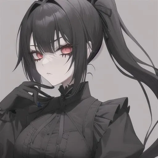 Prompt: a cool and emo girl with dark academia aesthetic, long black ponytail, and goth lolita and leader-like clothing