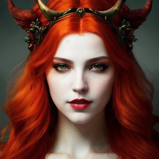 Portrait Of Beautiful Demon Woman: Orange Red Hair,