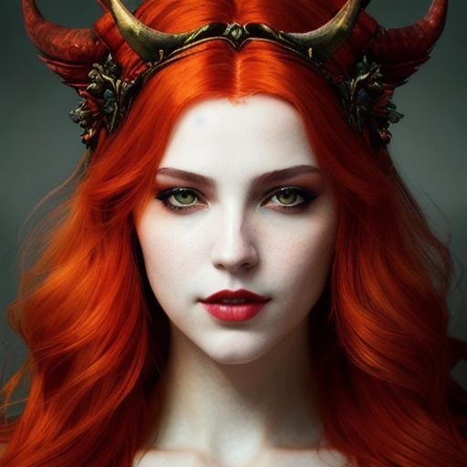 portrait of beautiful demon woman: orange_red hair,...