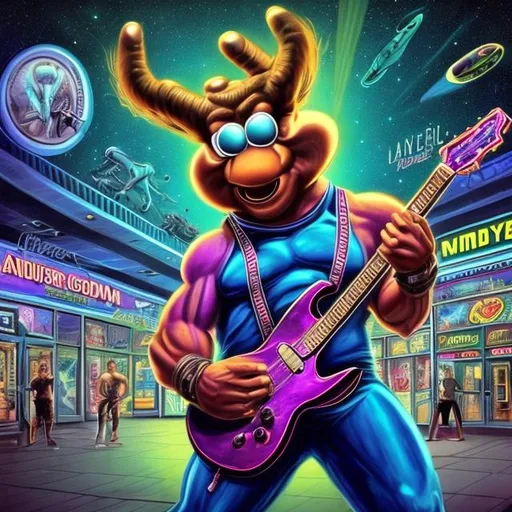 Prompt: Bodybuilding Bullwinkle, playing guitar for tips in a busy alien mall, widescreen, infinity vanishing point, galaxy background