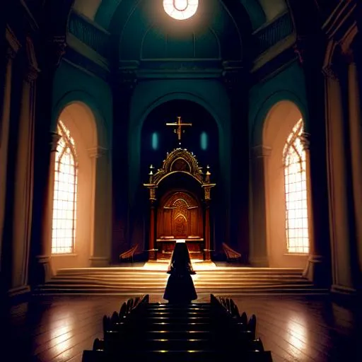 Prompt: A teenage girl in a deserted baroque cathedra, at night, creepy, dark, in the limbo, Silent Hill inspired, extremely detailed painting by Greg Rutkowski and by Henry Justice Ford and by Steve Henderson.