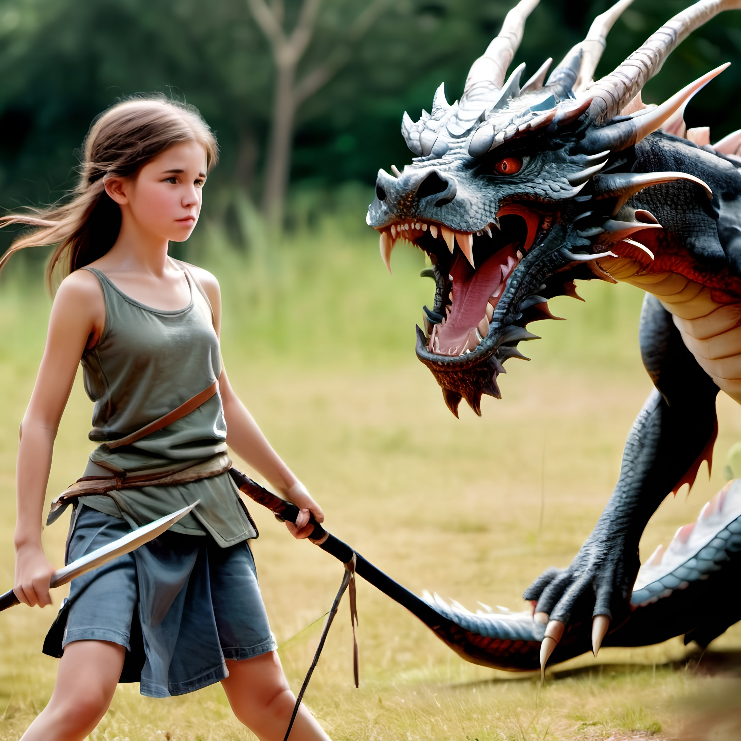 13 year old barefoot girl hunting dragon with spear,... | OpenArt