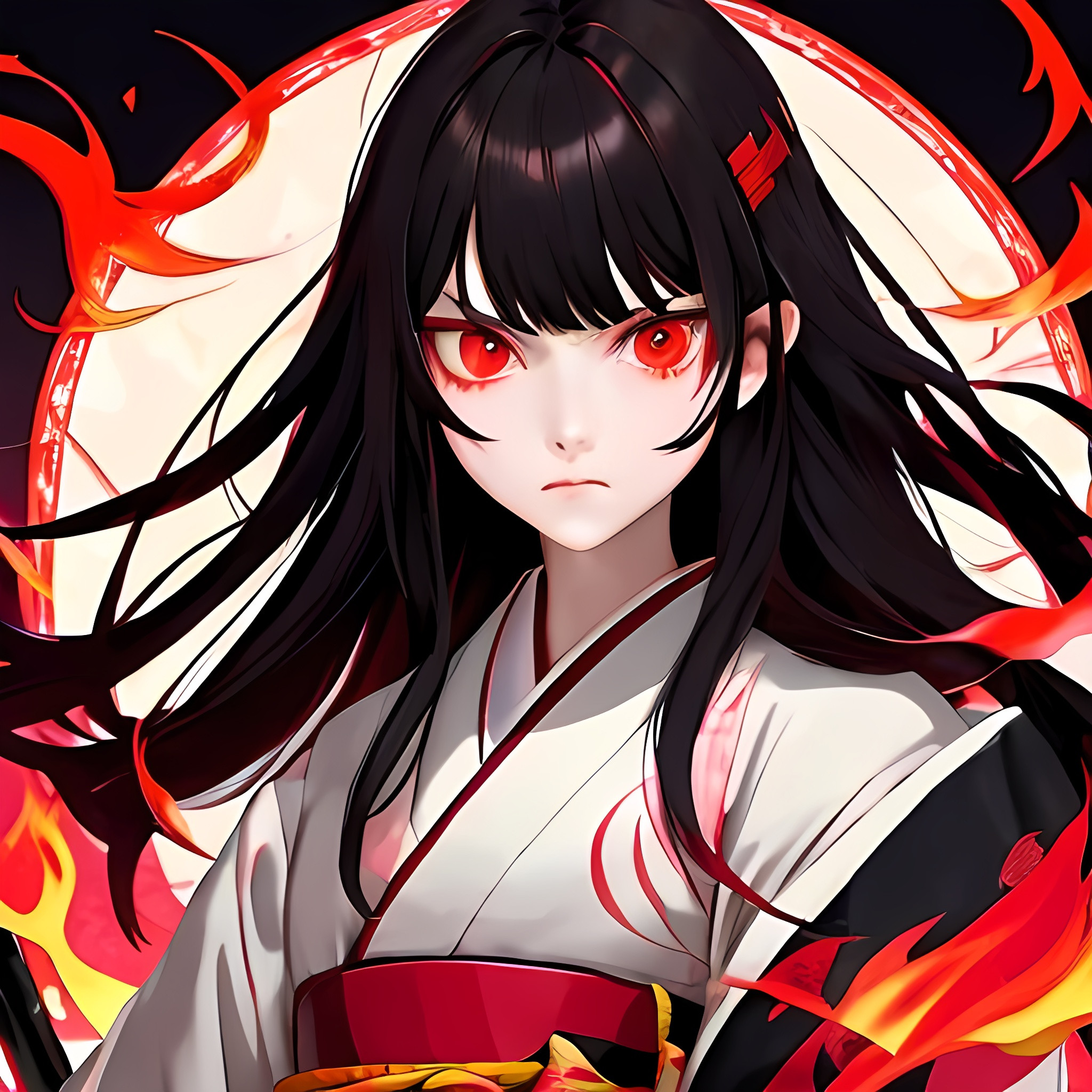 Samurai anime waifu with red eyes black hair and goo...