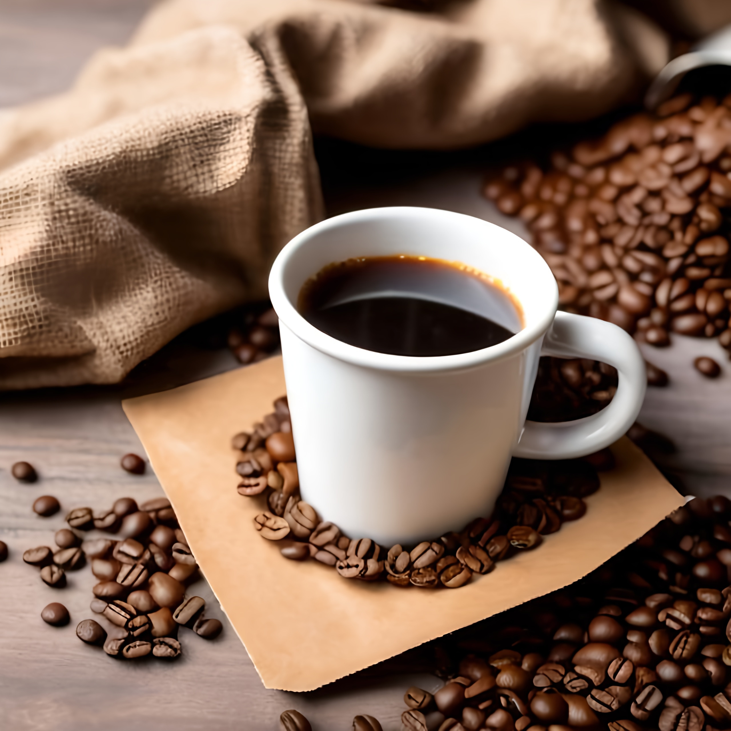 a cardboard cup coffee with a brand on it called coffee Dose sitting on a pile of coffee beans