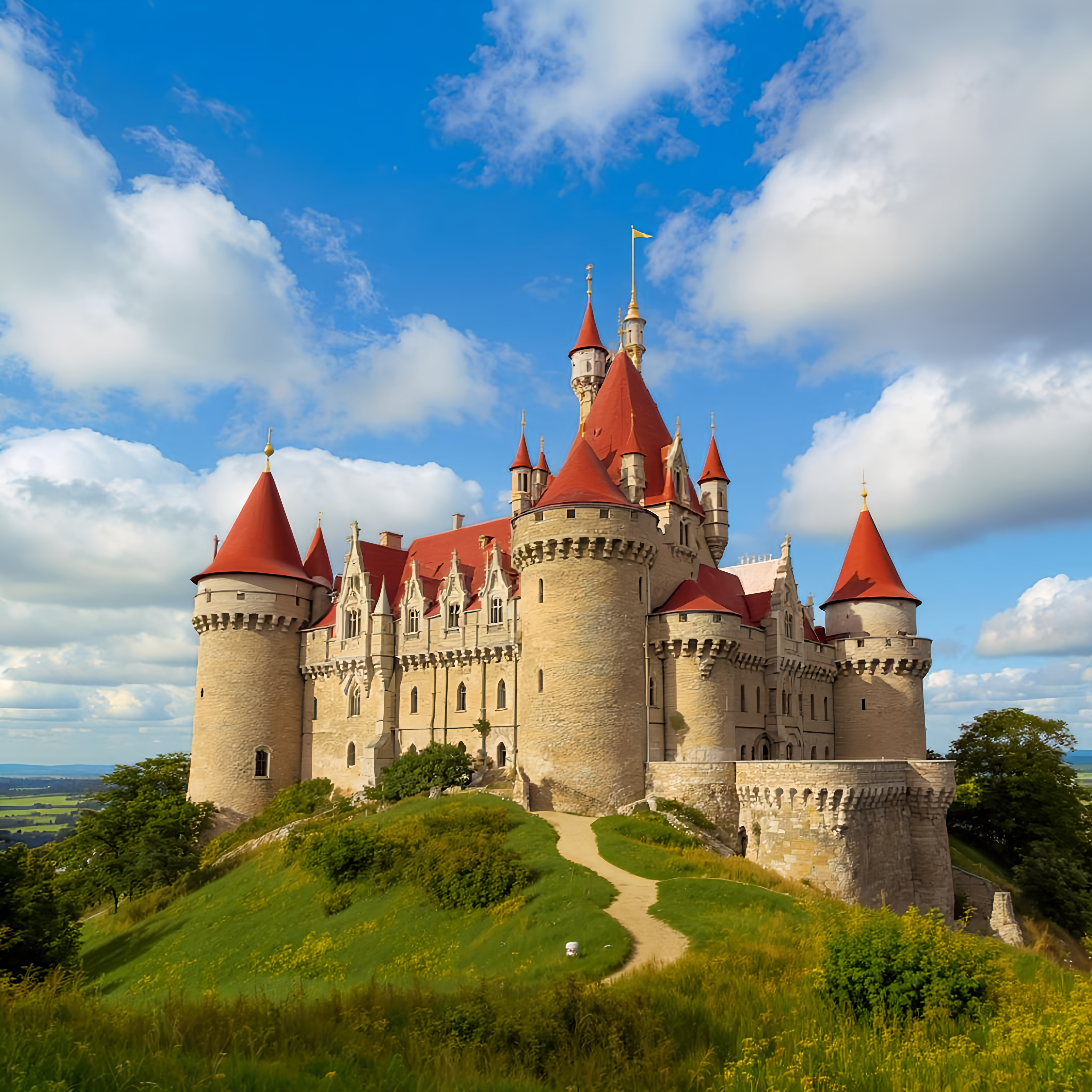 A castle with stone walls and red roofs sitting on a...