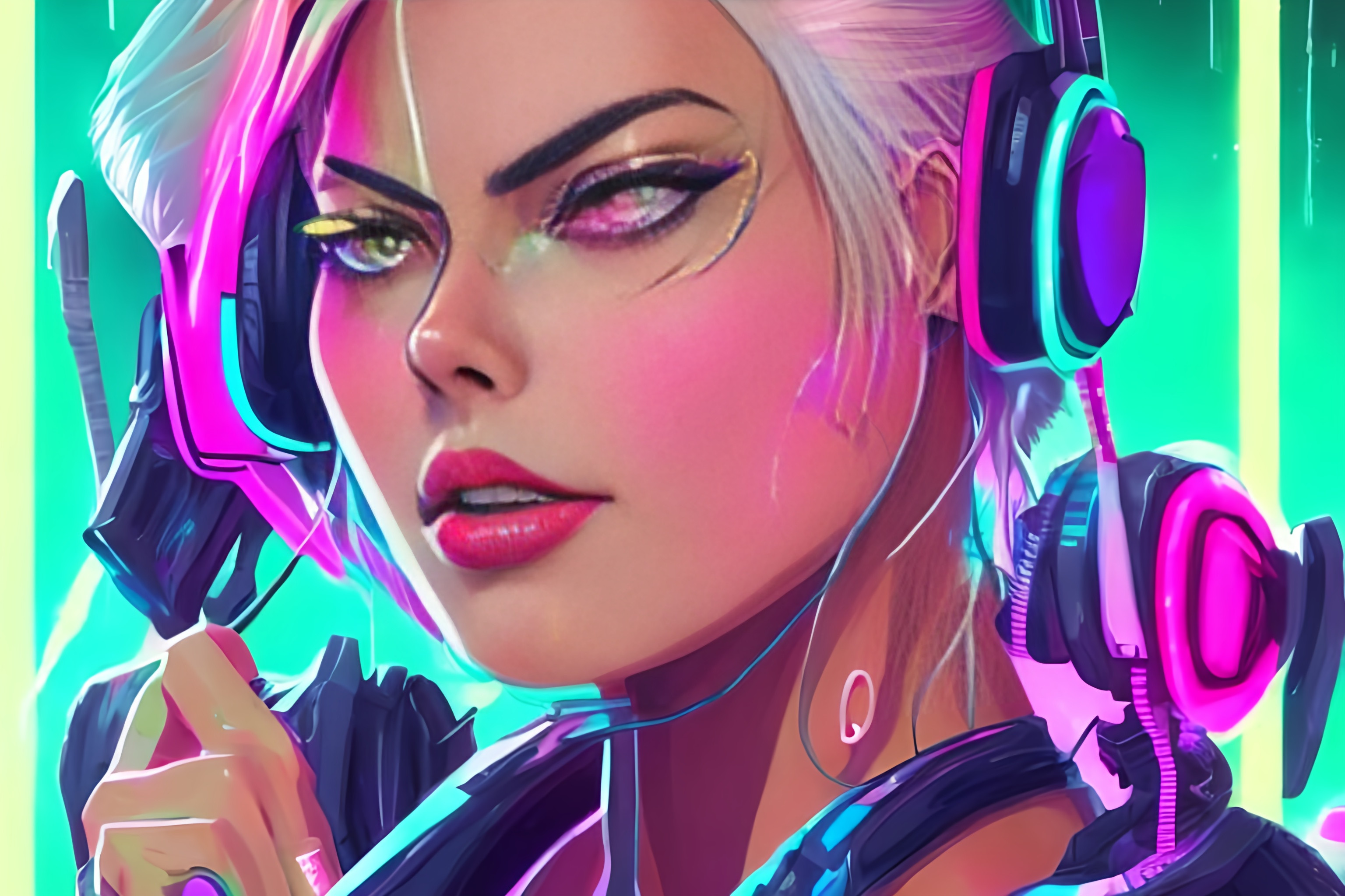 a cyberpunk Margot Robbie with headphones, anime sty... | OpenArt