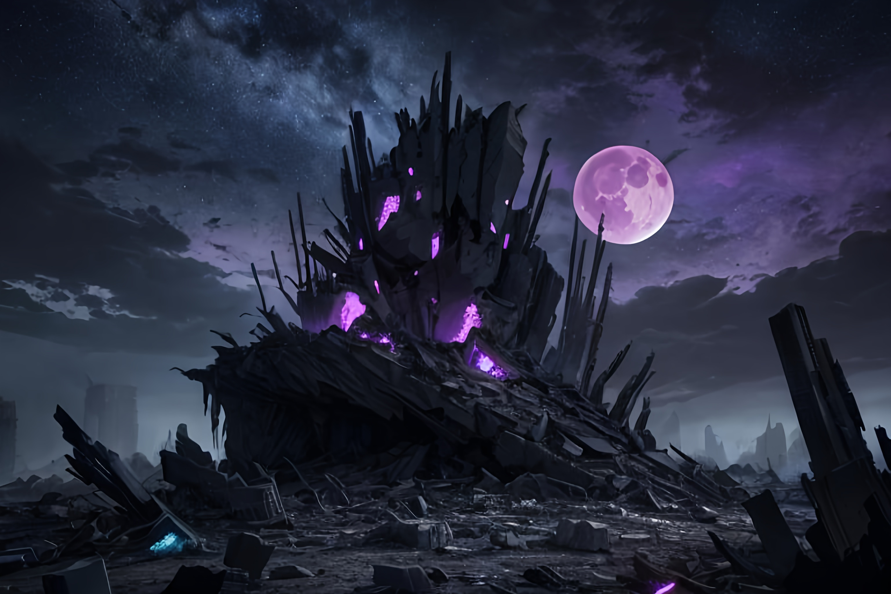 A dark Postapocalyptic landscape covered in jagged rocks broken buildings wreckages and dead tree