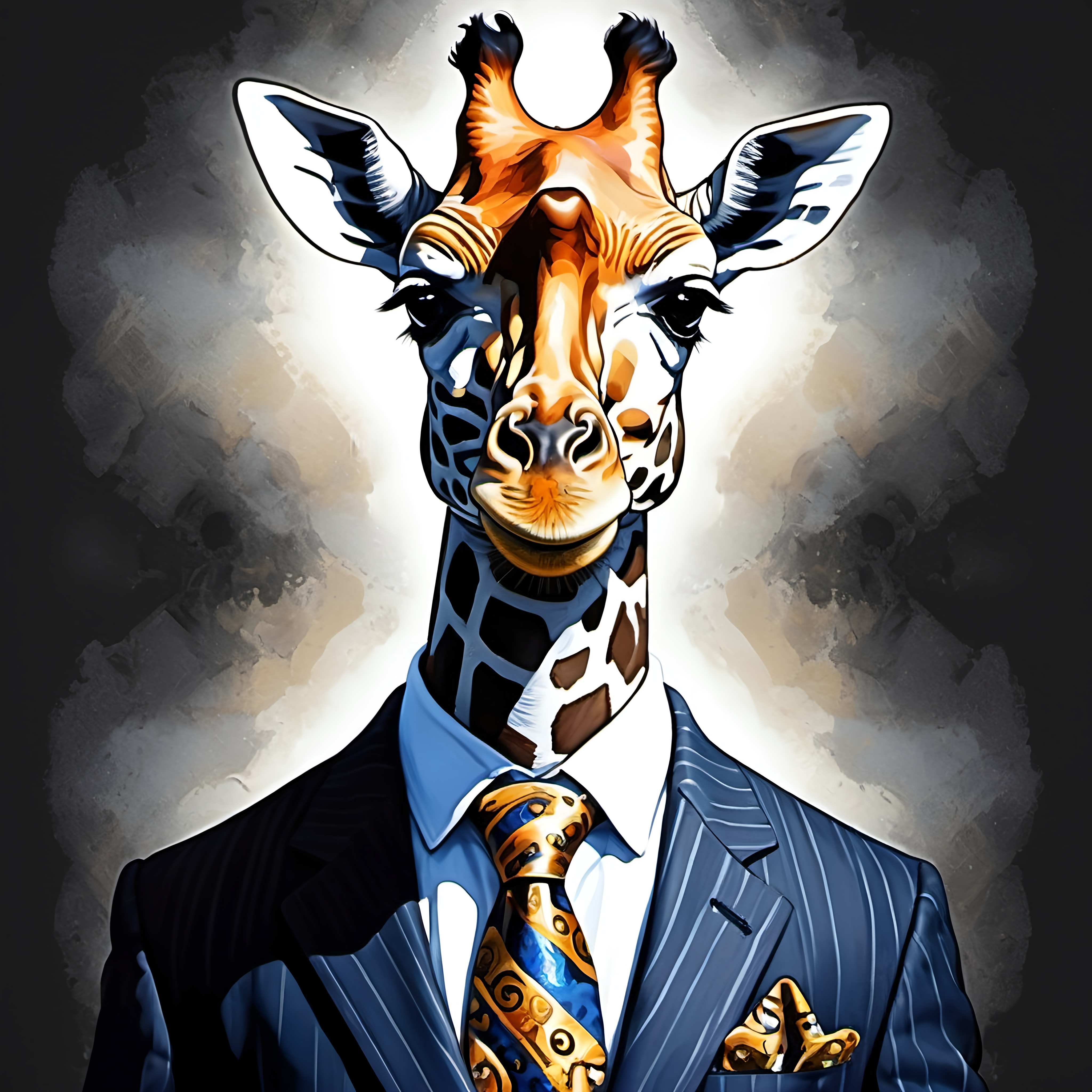 a giraffe with big dark-blue eyes is wearing a b&w z... | OpenArt