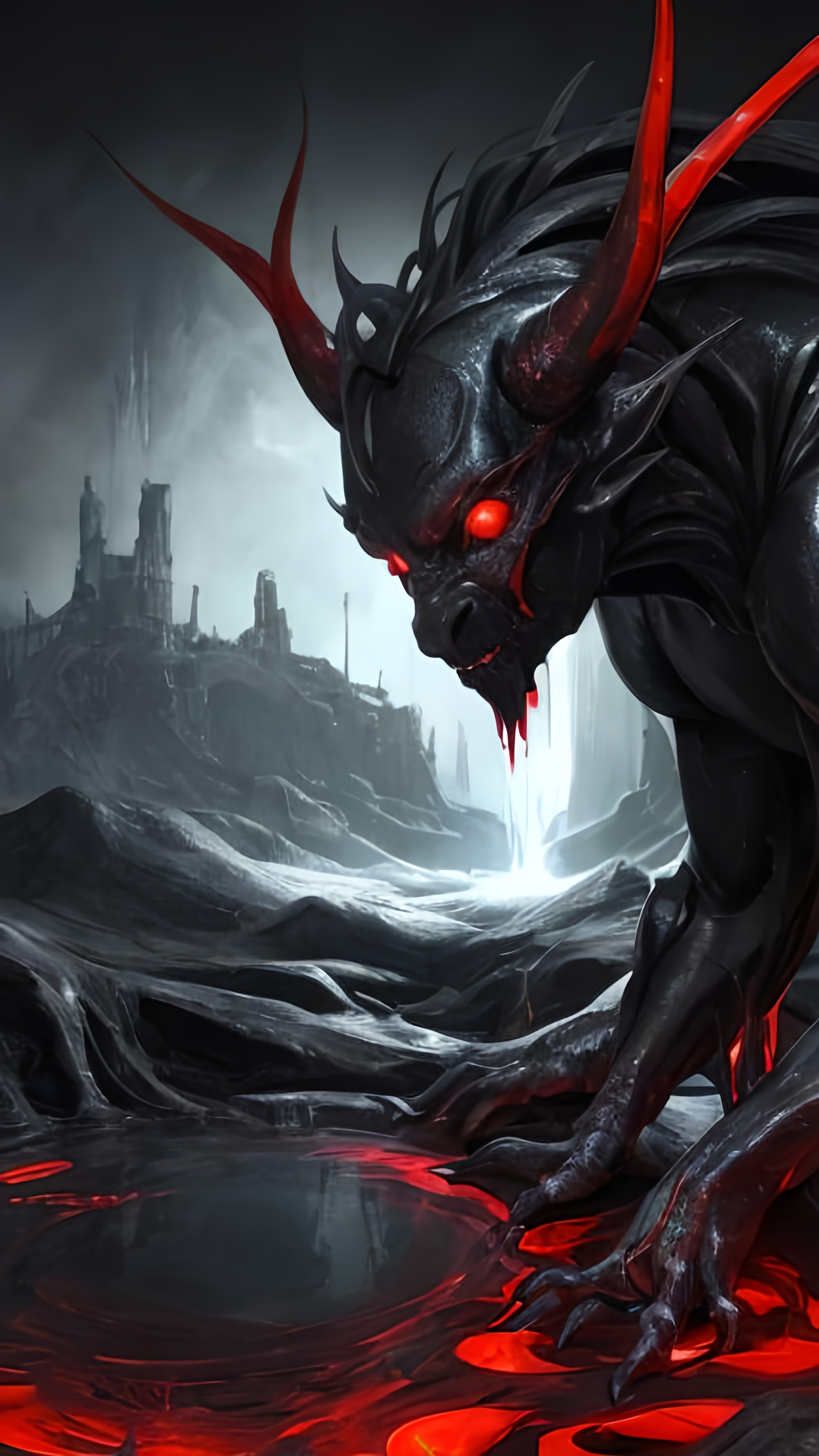 A mass of shiny black unnaturally smooth liquid ink in a fathomless  humanoid form with sleek horns