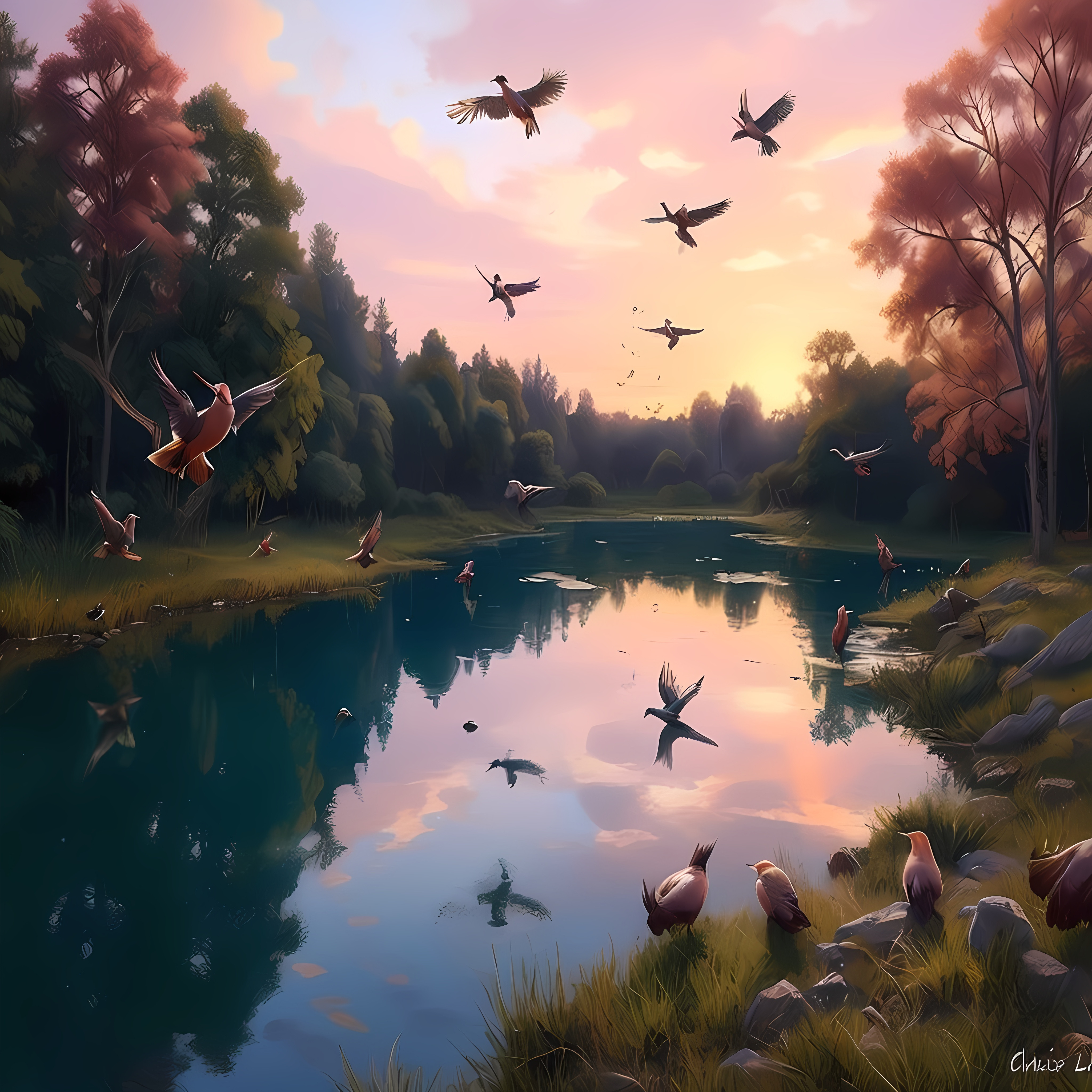 a painting of birds flying over a lake at sunset or...