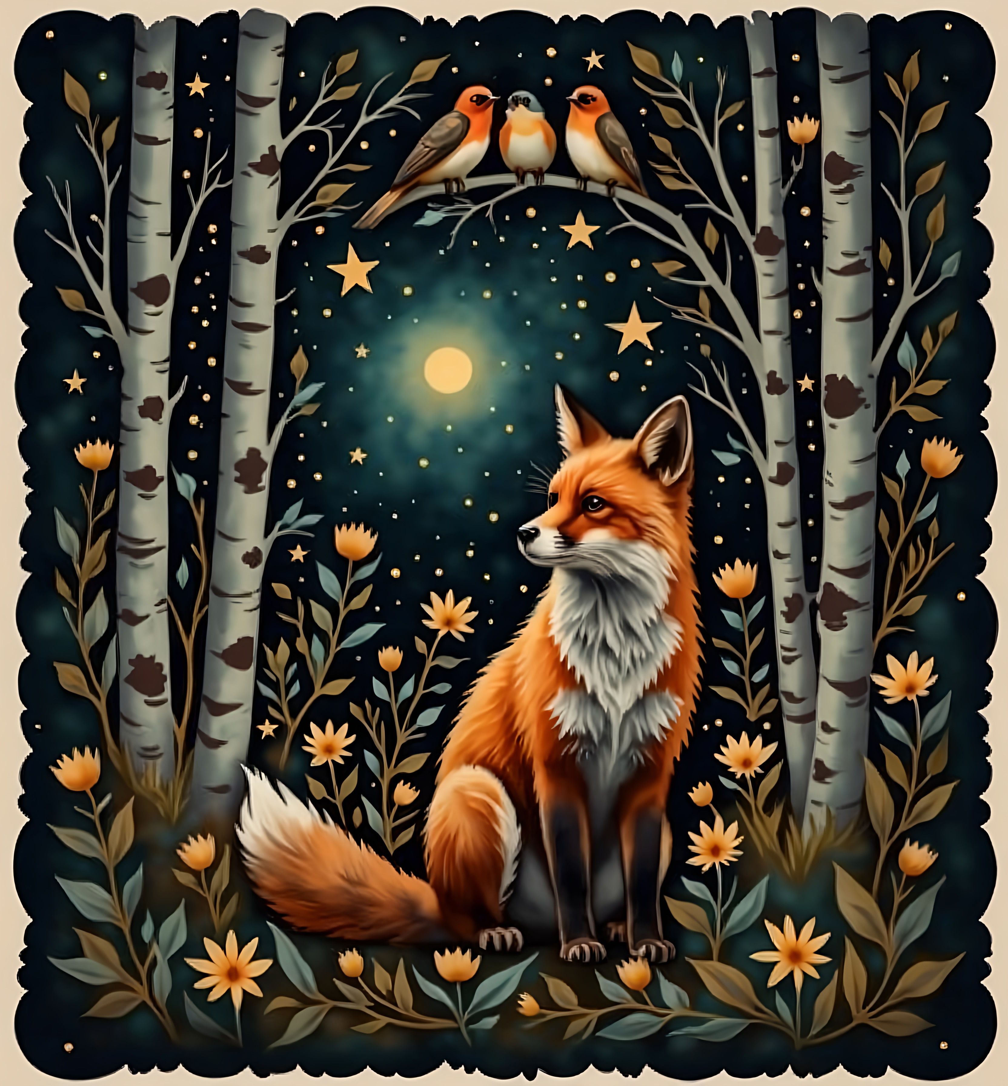 A red orange fox sitting under a starry night sky, s...