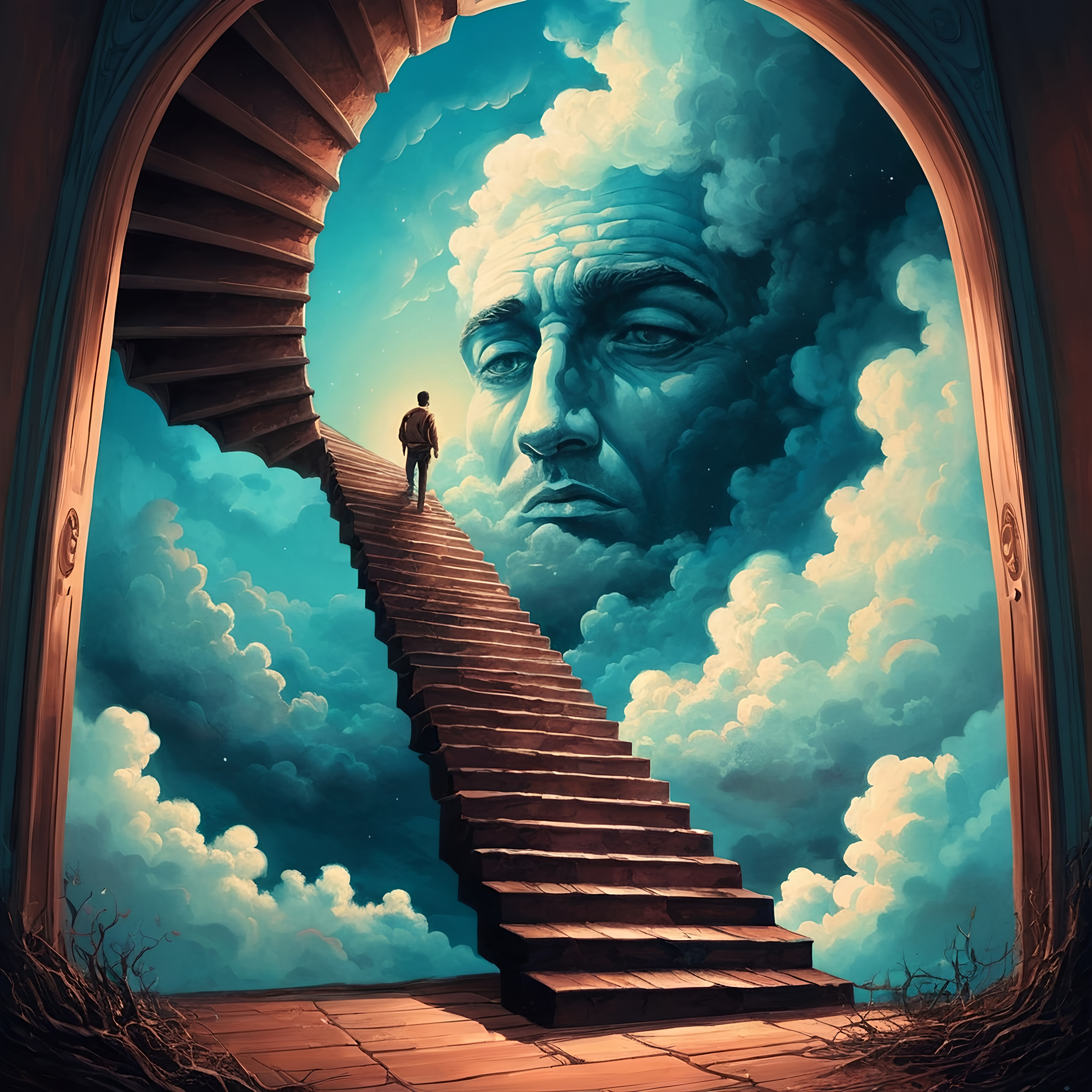 a surreal painting of a stairway leading to a door in the sky with a mans face on it Cyril Rolando