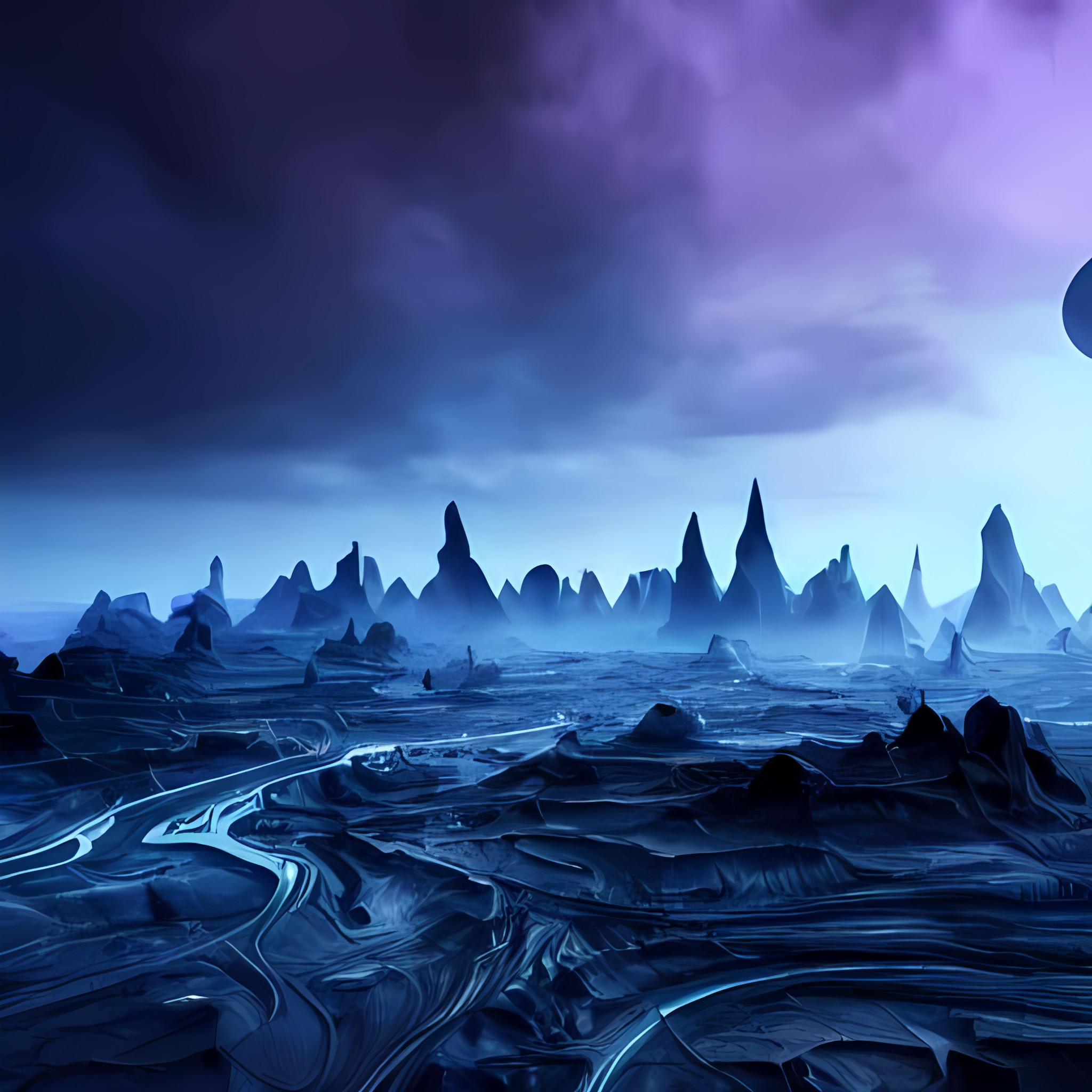 amazing landscape photo of an alien city on a unknown planet dark blue color tone and cloudy sky