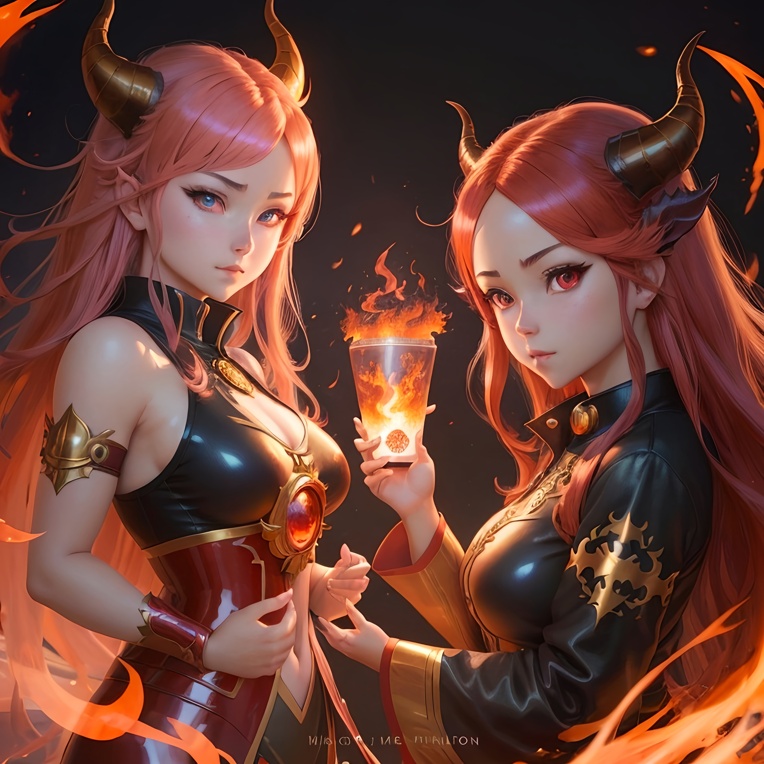 an fire dragon girl, anime fire girl, fire horns, us...