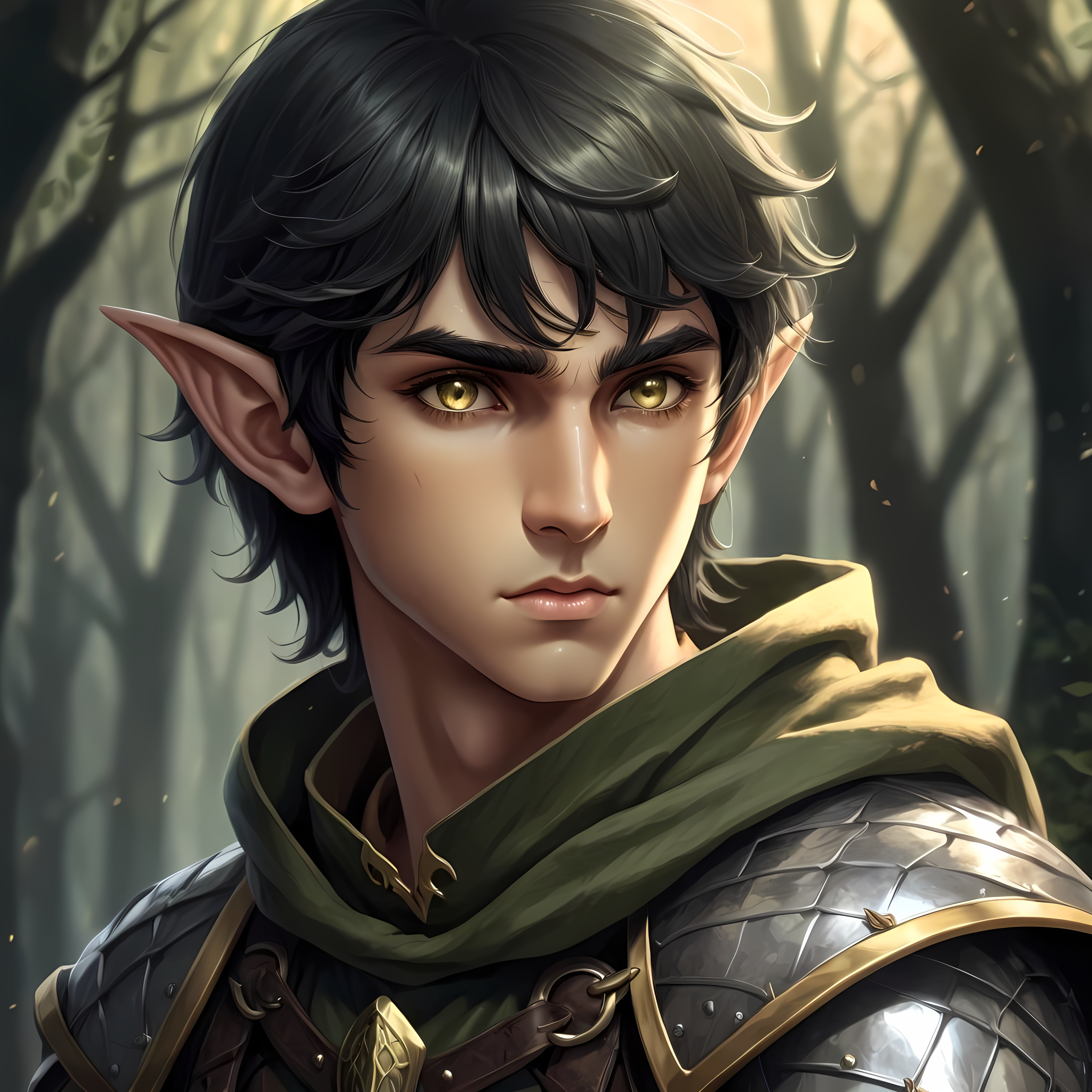 Anime illustration of a young male elf hunter in sca...