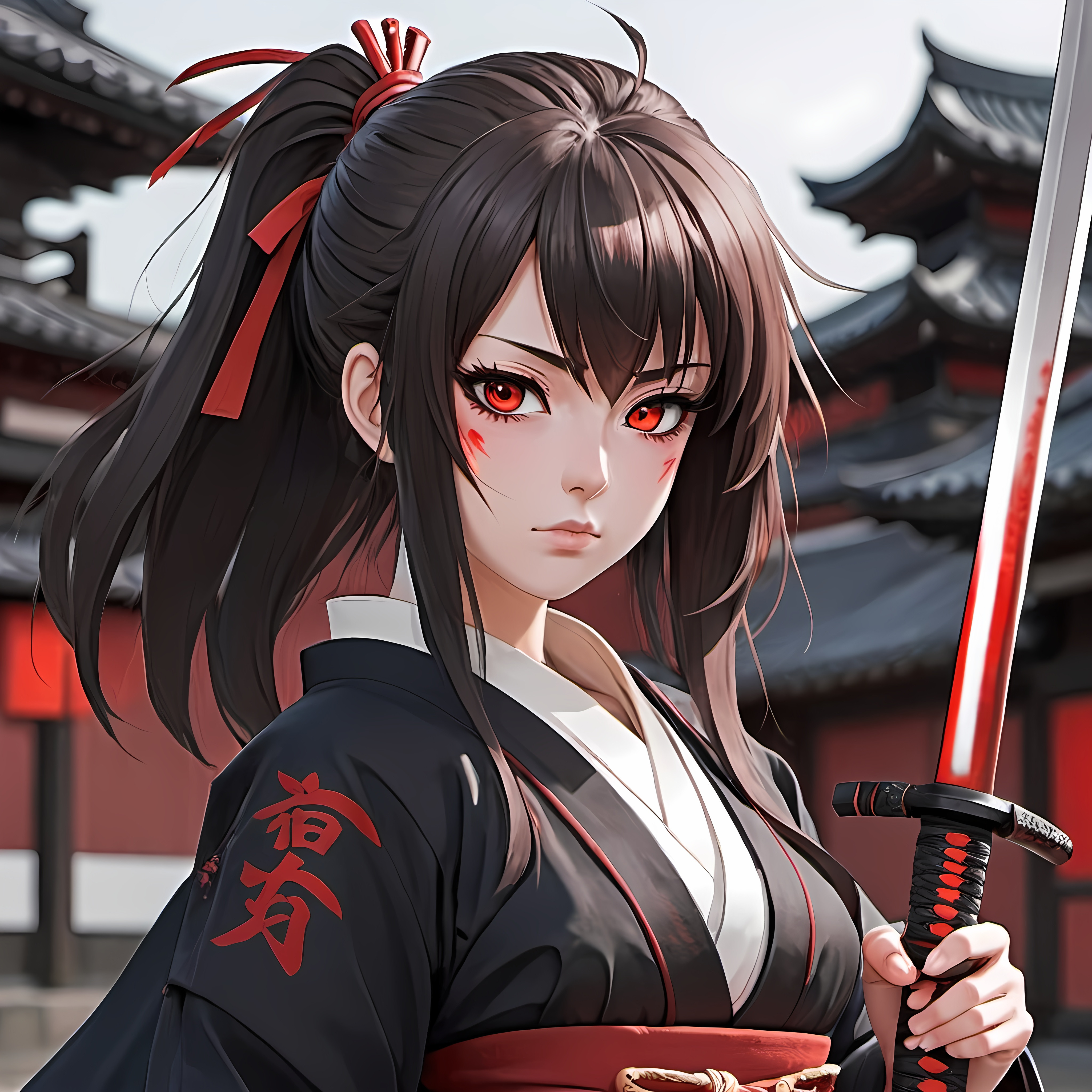 Anime waifu samurai with red eyes and a katana