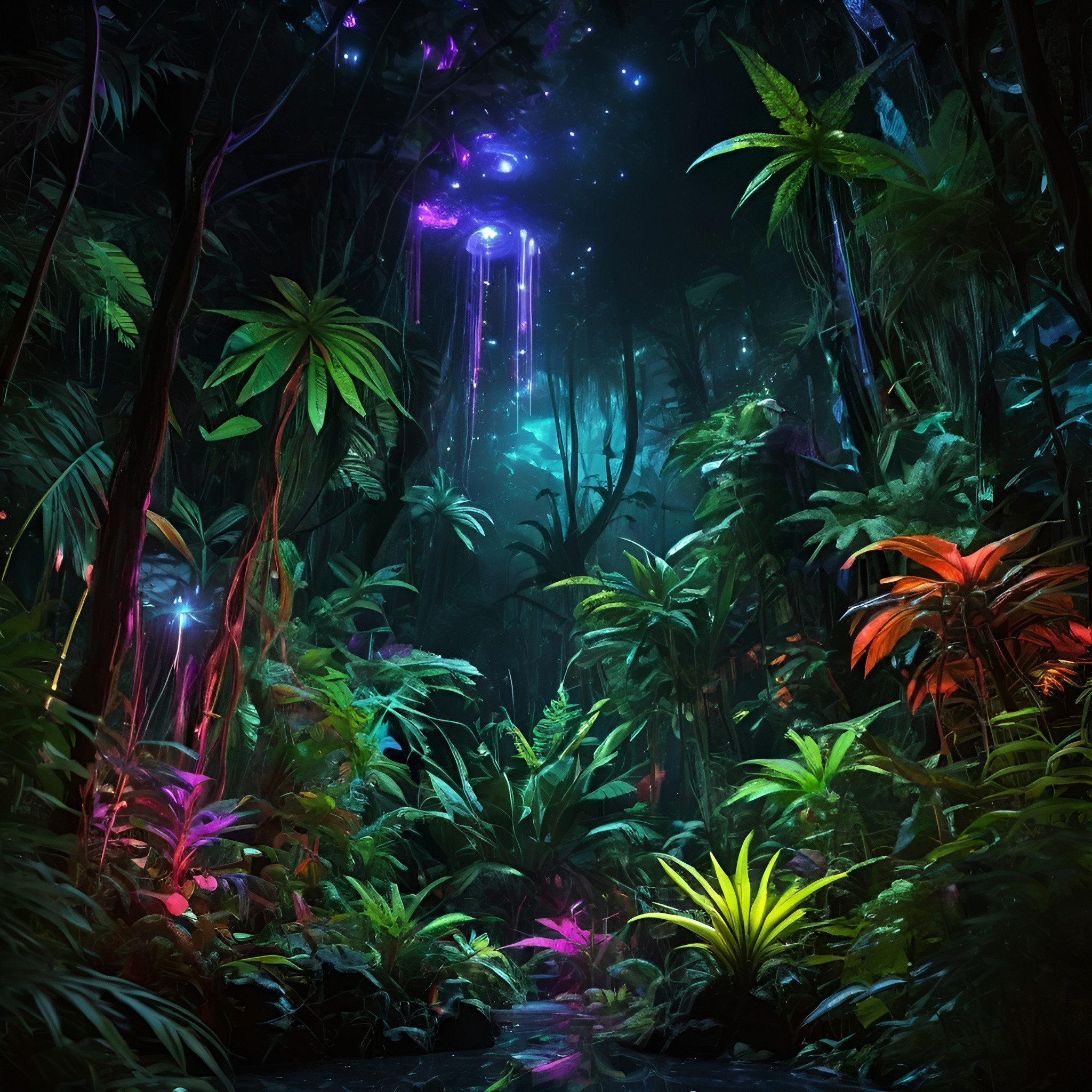 Bioluminescent 8KHDR blacklighted rainforest, vibran...