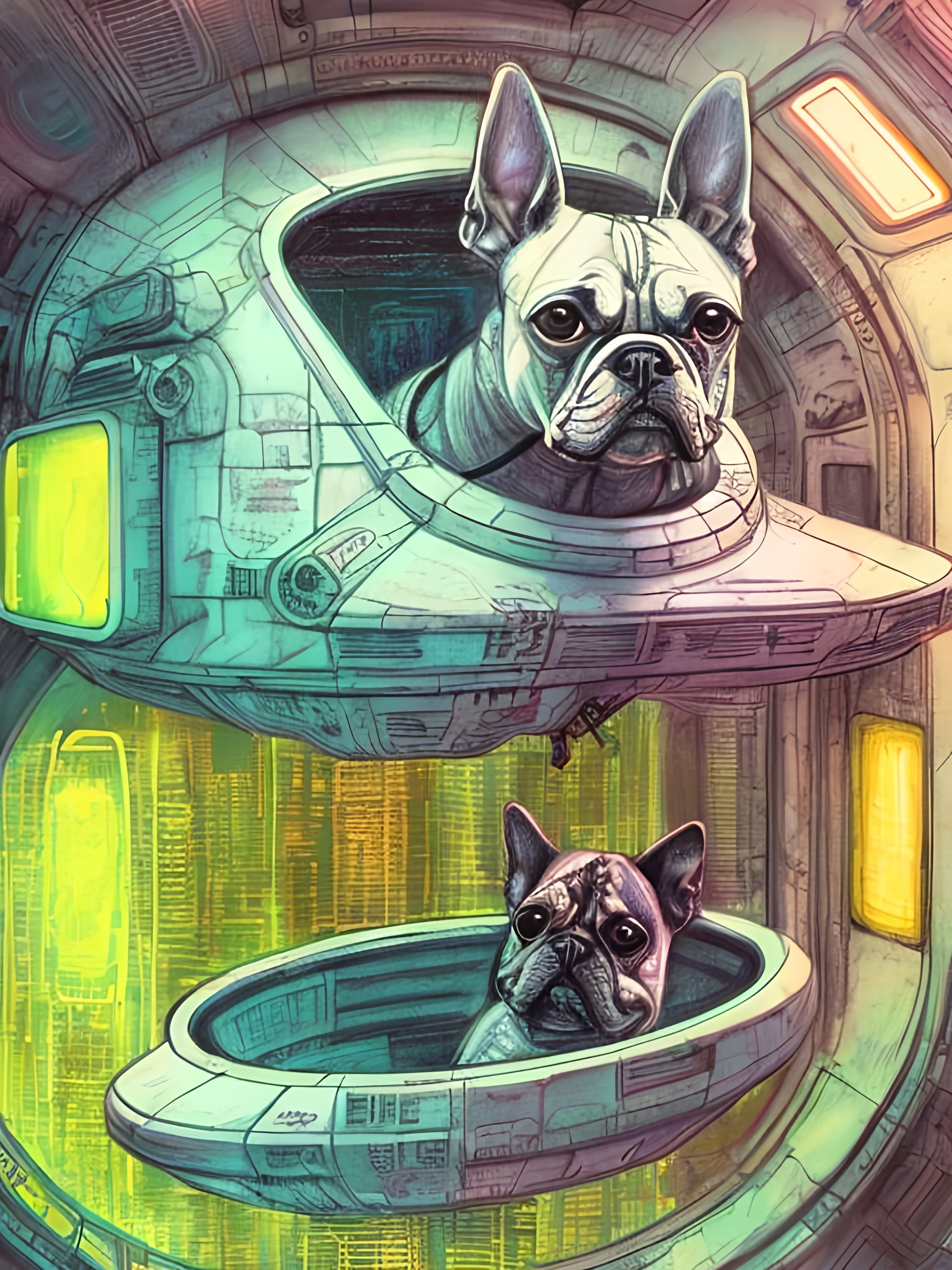 chalk pastel style of a detailed dog in a cyberpunk... | OpenArt