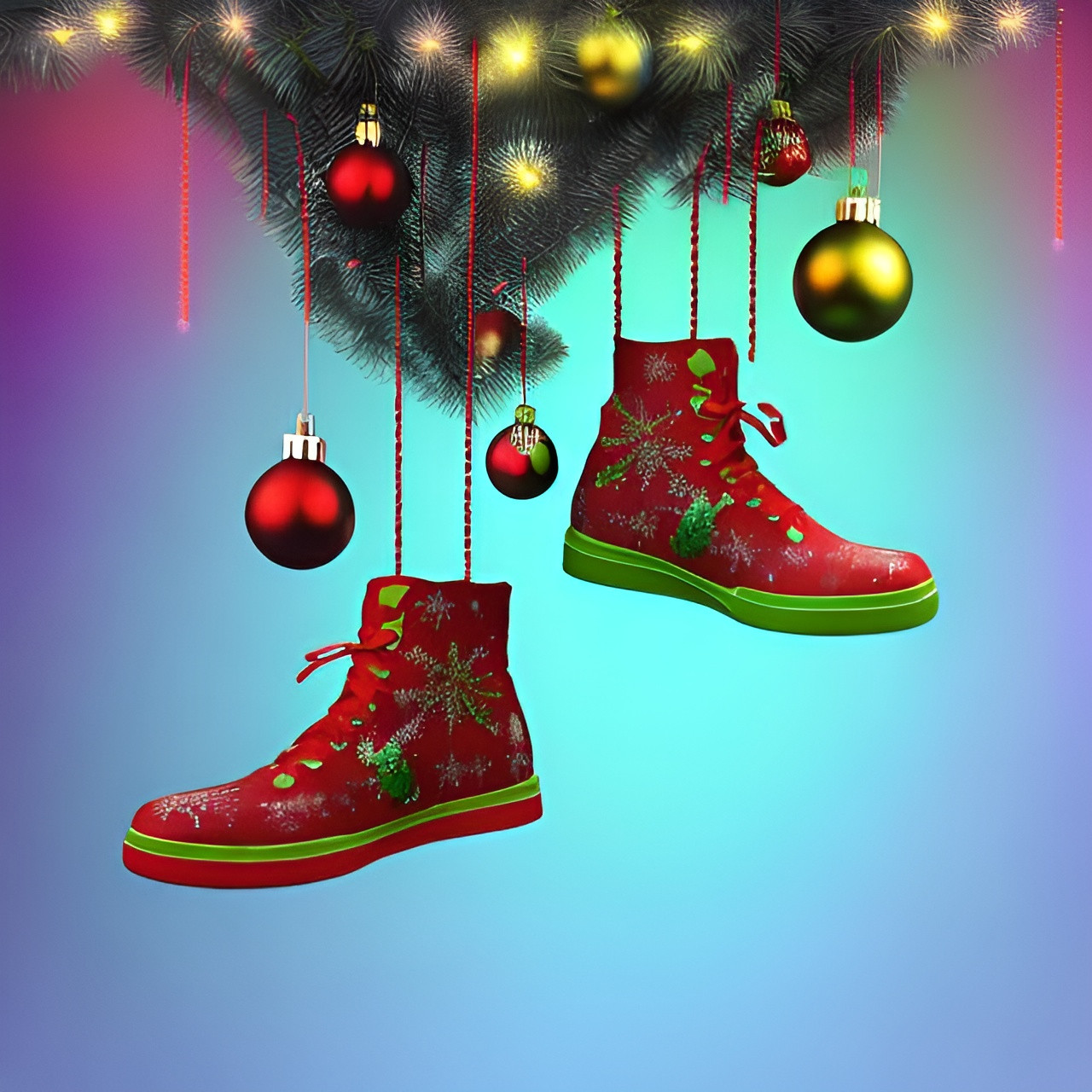 Christmas tree with vibrant hanging shoes, festive h... OpenArt