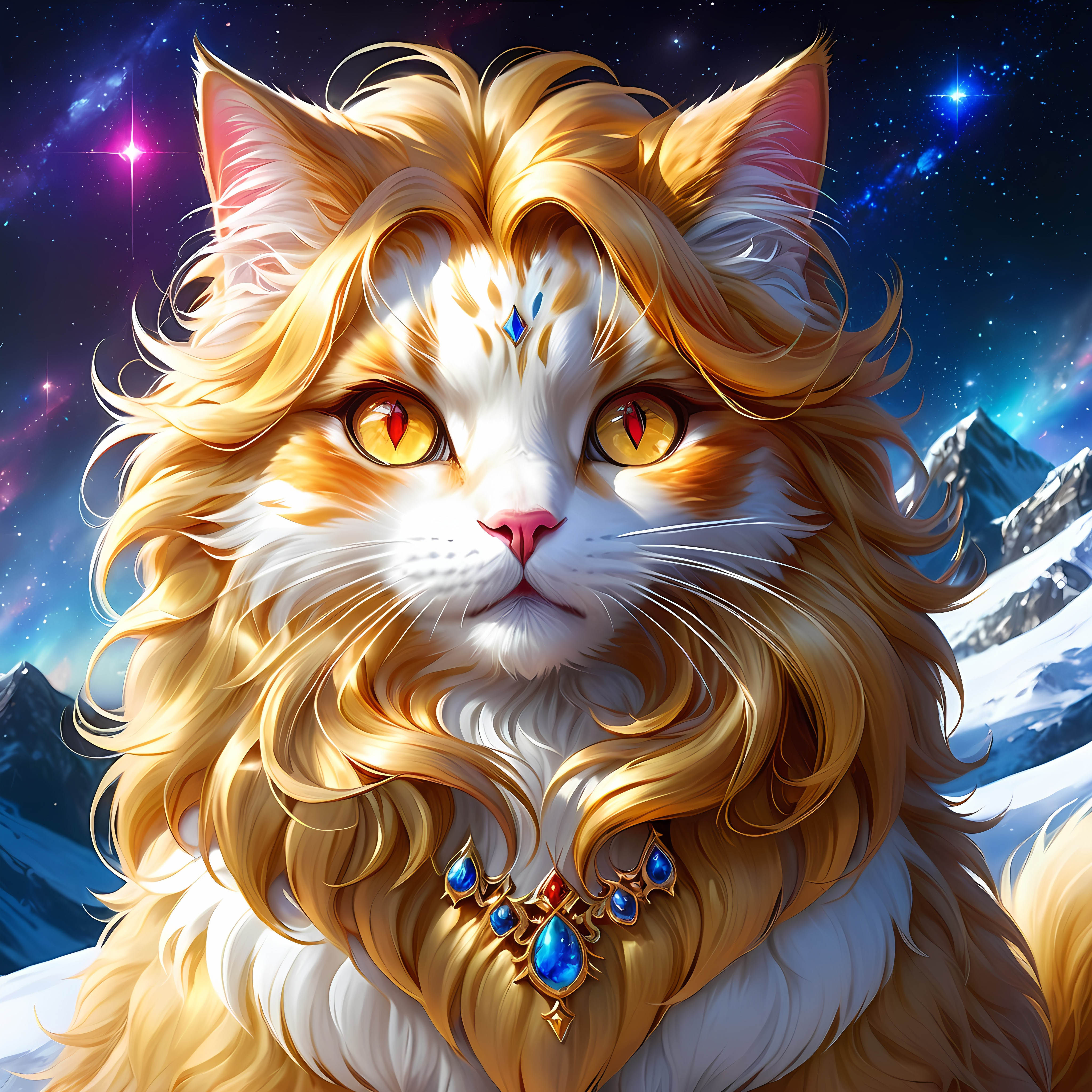 Image AI: Open Art: clawmaster (cat) with {golden fur} and {ruby red eyes}, feral cat, frost, Erin Hunter, gorgeous anime portrait, beautiful cartoon, beautiful 8k eyes, elegant {gold fur}, pronounced scar on chest, fine oil painting, modest, gazing at viewer, fiery red eyes, glistening golden hair, low angle view, zoomed out view of character, 64k, hyper detailed, expressive, timid, graceful, beautiful, expansive silky mane, deep starry sky, UHD background, golden ratio, precise, perfect proportions, vibrant colors, standing majestically on a tall crystal stone, hyper detailed, complementary colors, UHD, HDR, top quality art, beautiful detailed background, unreal 5, artstaion, deviantart, instagram, professional, masterpiece