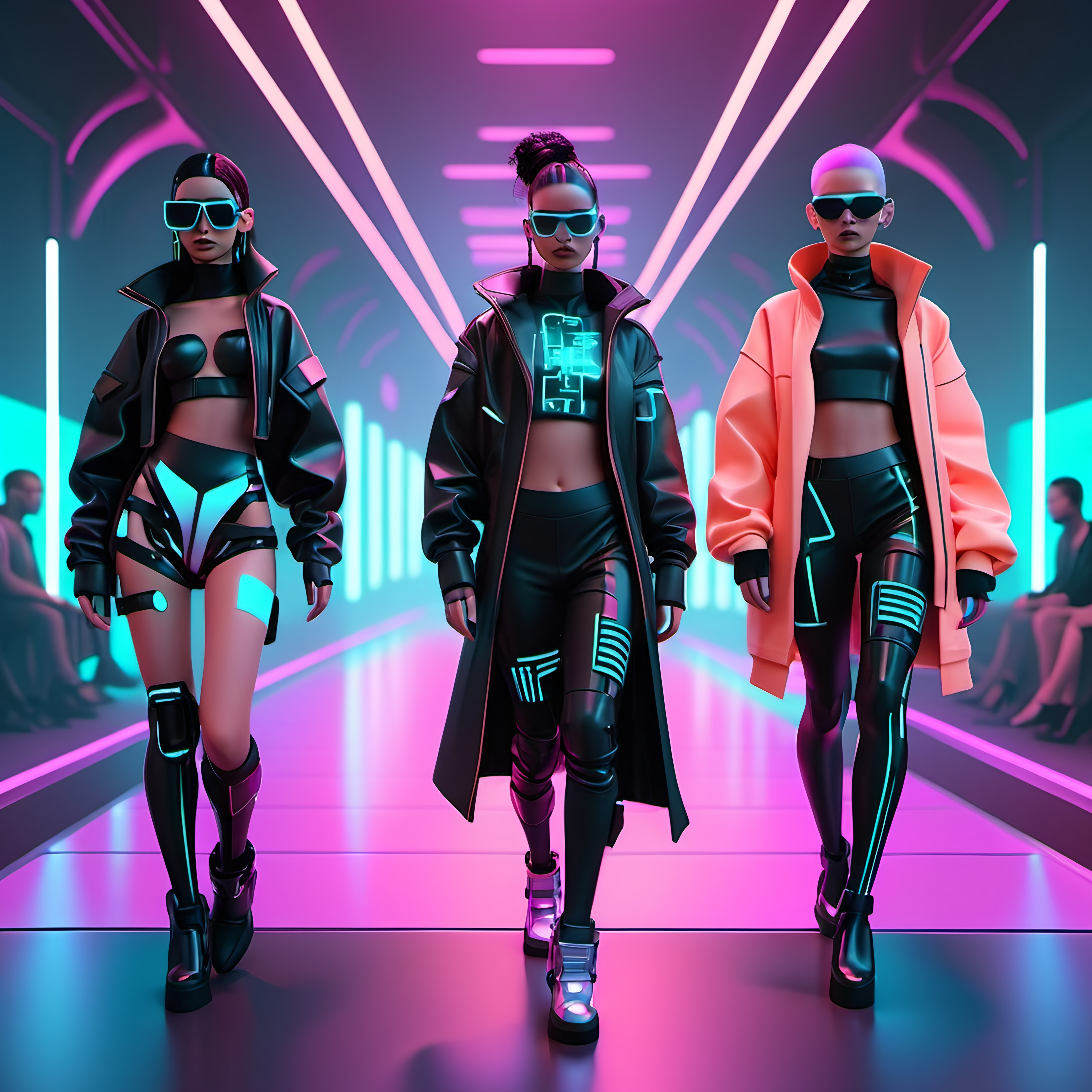 Runway Metaverse Create a futuristic 3D metaverse runway scene inspir...