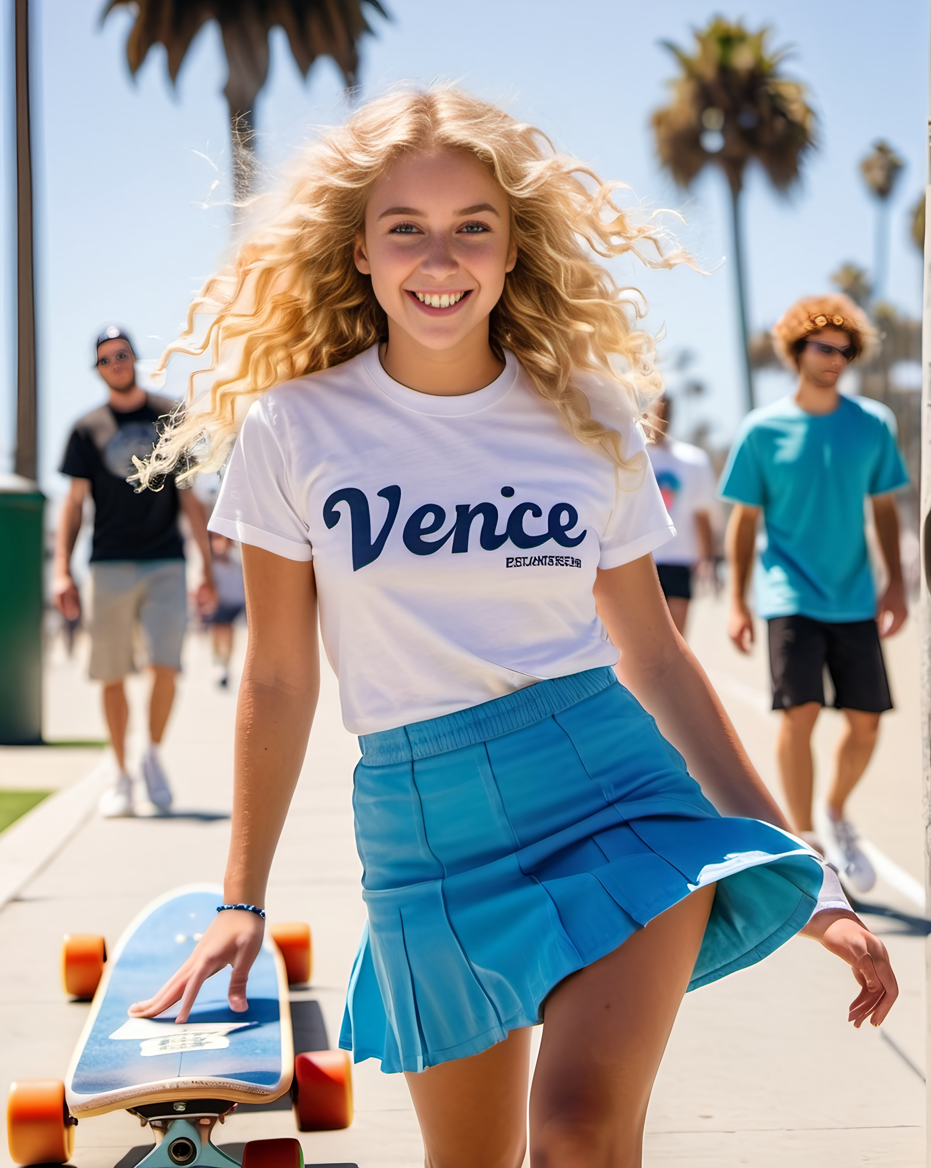 Cute blonde woman, age 19, long curly hair, wearing...